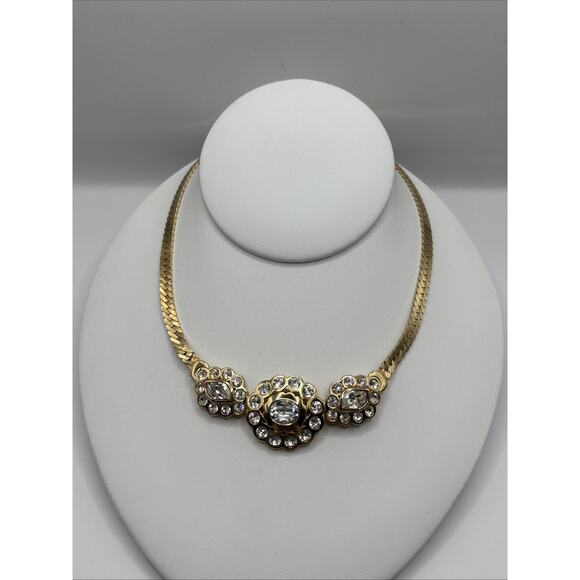 Authentic Vintage Christian Dior Gold Tone Rhinestone Statement Necklace Elegant - Picture 1 of 9